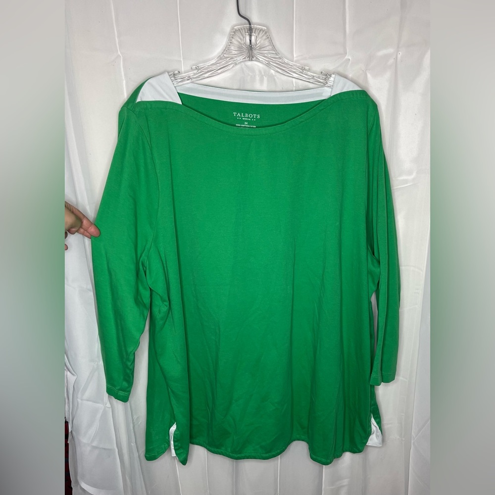 Talbots green 3X 3/4 length sleeve. White shoulder accents